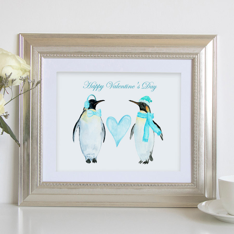 watercolor 2 penguin print, "happy valentine day", penguins and heart
