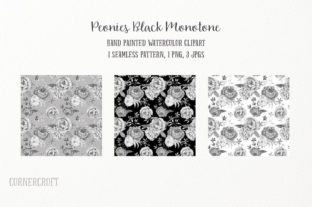 flower peony pattern, black peony seamless pattern