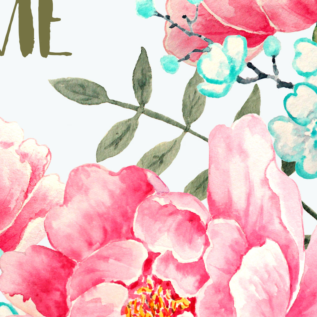 Typography Home Sweet Home with watercolor floral background of pink peony flowers