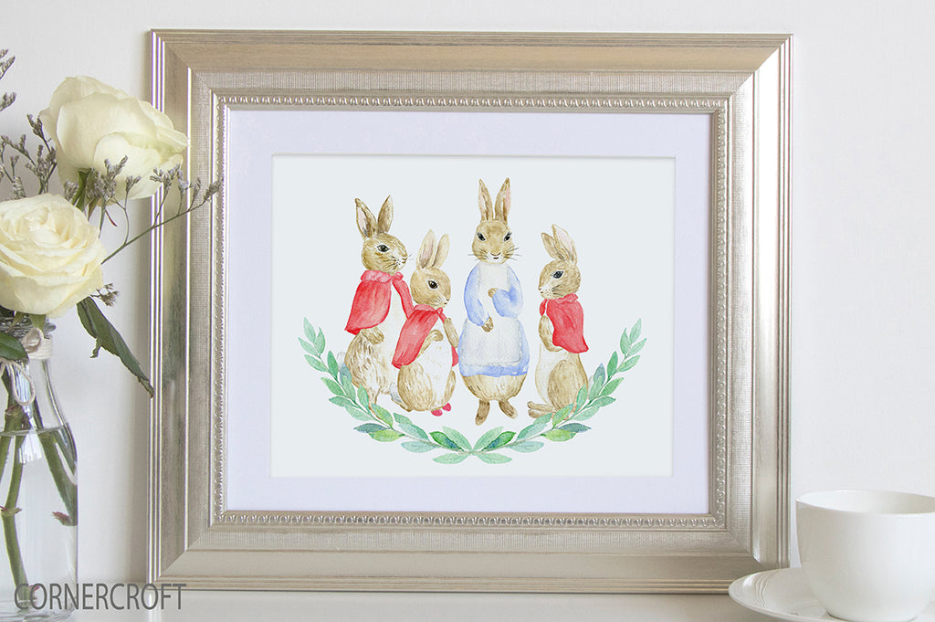 Personalised family print, rabbit print, watercolor rabbit illustration 