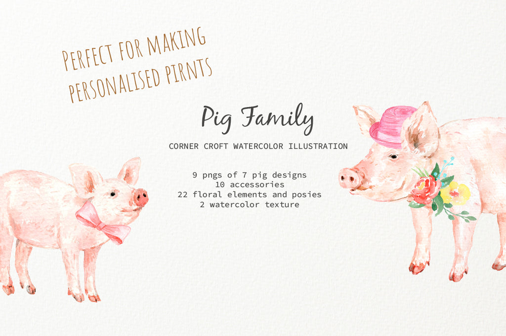 watercolor pig illustration, pig family illustration, farm animal 