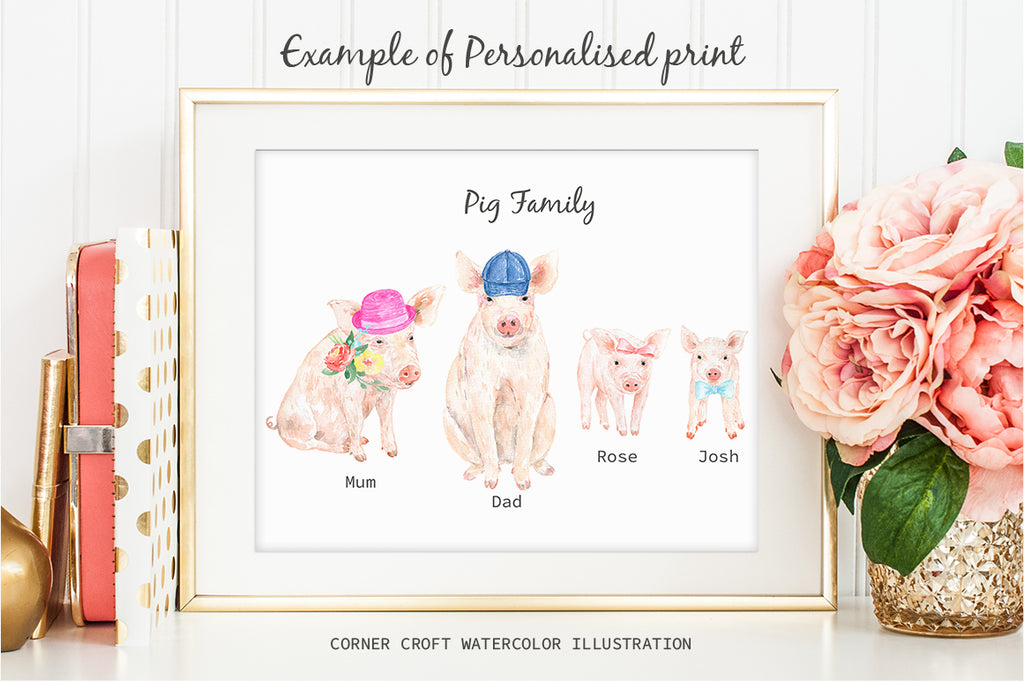watercolor pig family print, personalised print creator