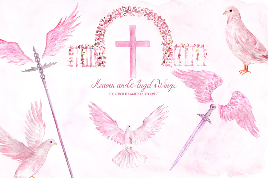 heaven clipart, watercolor heaven illustration, pink heaven, pink wing
