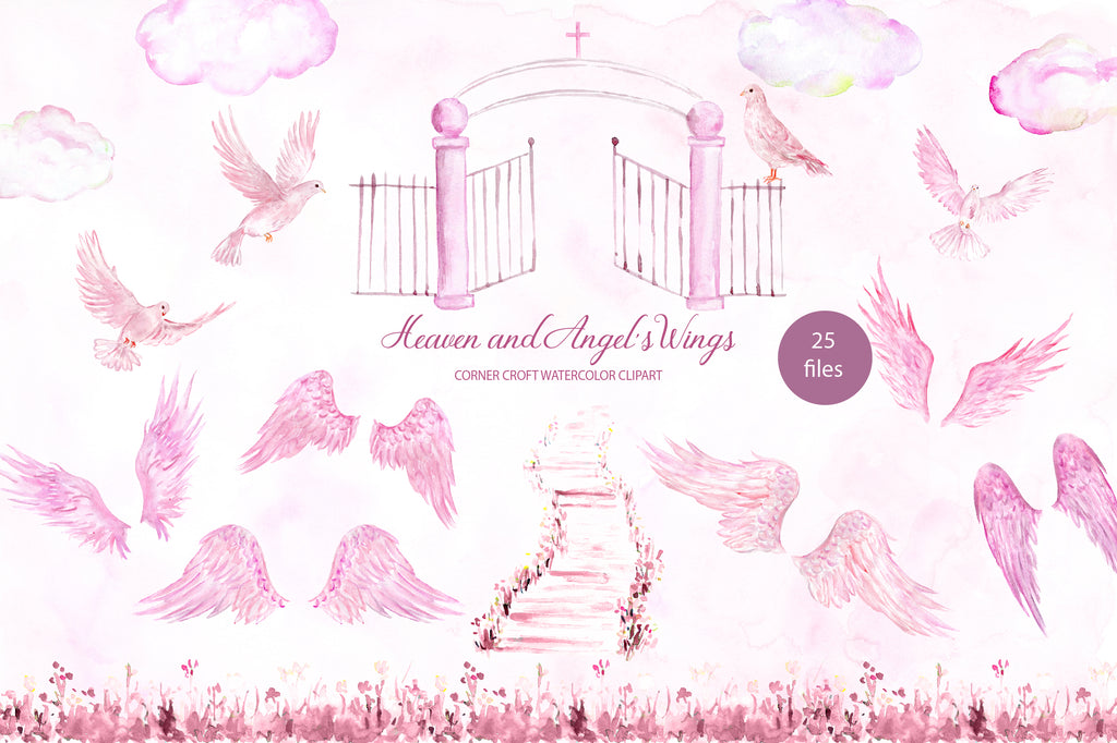 watercolor pink angel's wings, pink heaven, pink dove, instant download 