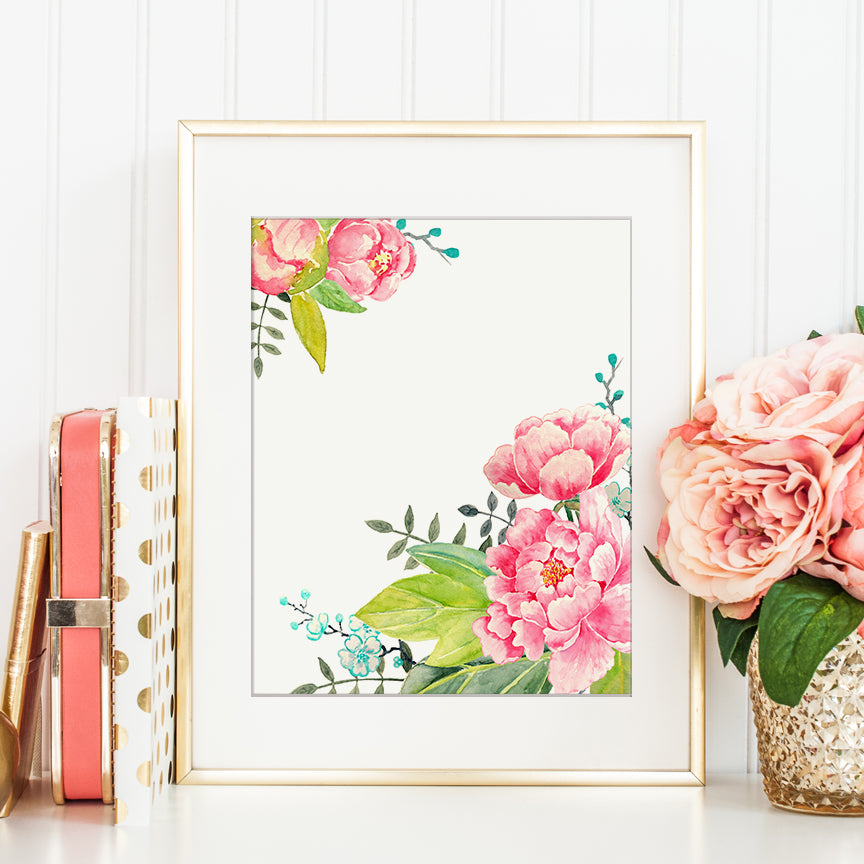 watercolor pink peony floral frame, printable