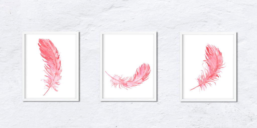 Group of 3 pink feathers, watercolor feathers, feather illustration, boho feathers 