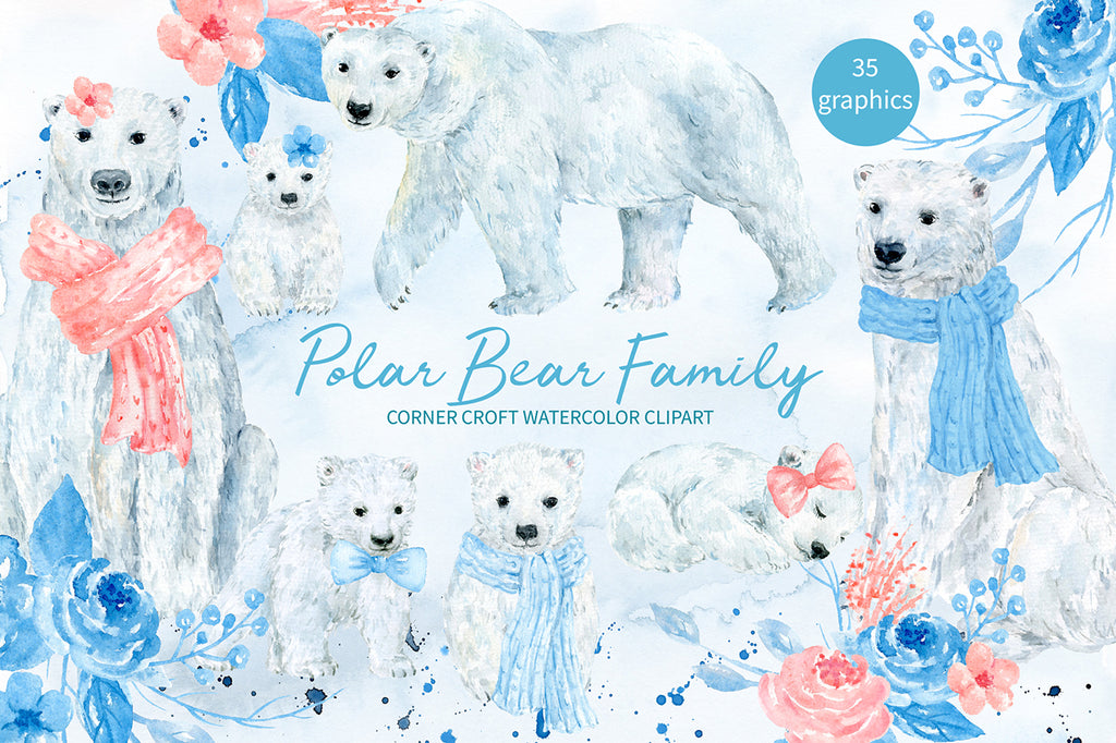 watercolor polar bear clipart, polar bear family, adult bear and cub, wooly scarf, instant download