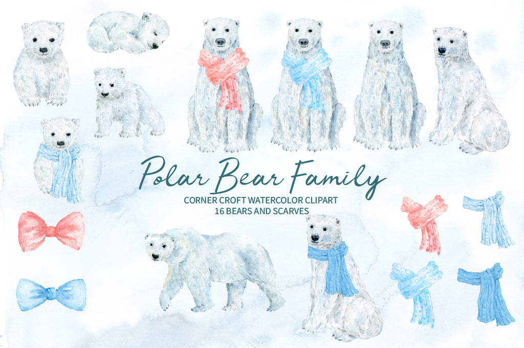 watercolor clipart polar bear family, baby bear, personalised print creator