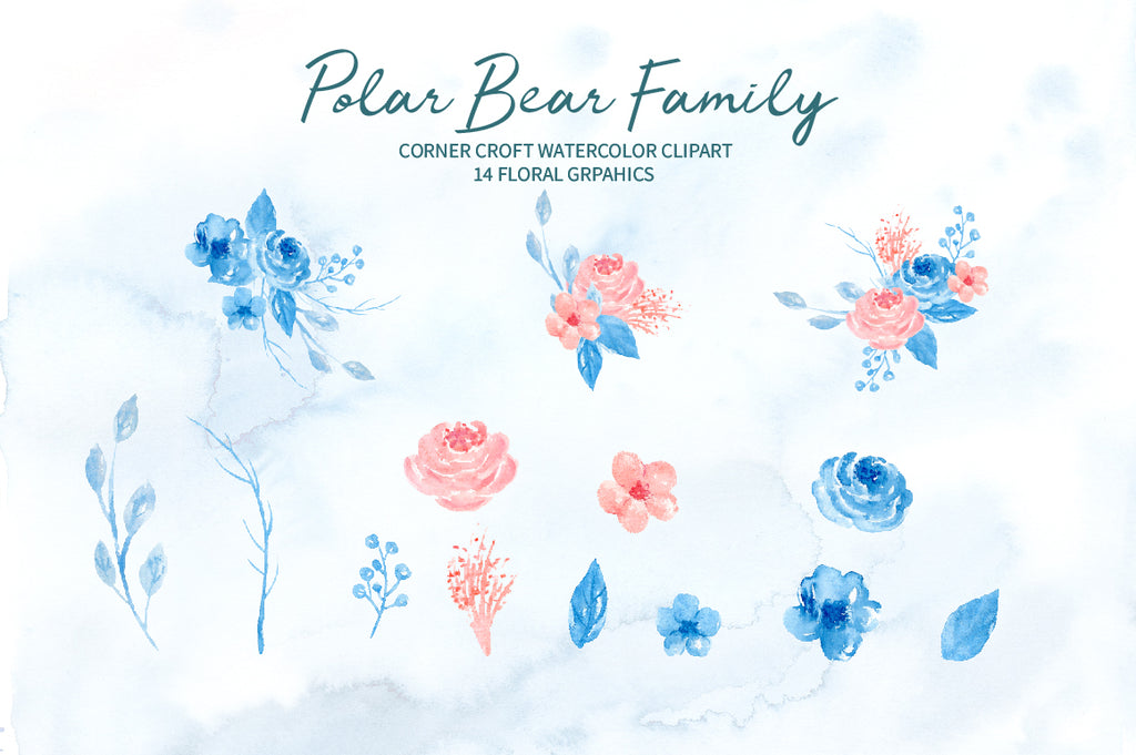 polar bear clipart, wildlife, floral elements, watercolor illustration 