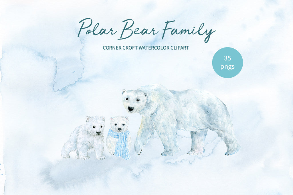 watercolor polar bear clipart, polar bear illustration, my family print creator