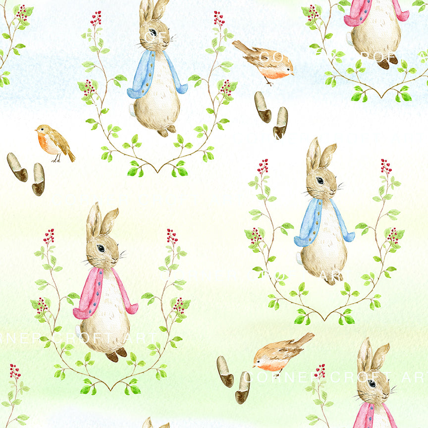 Watercolor Cumbria Rabbit Pattern Inspired by Beatrix Potter Illustration "The Tale of Peter Rabbit"