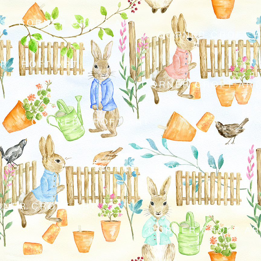 Watercolor digital paper Cumbria Rabbit playing in the garden inspired by Beatrix Potter's illustration "The Tale of Peter Rabbit"