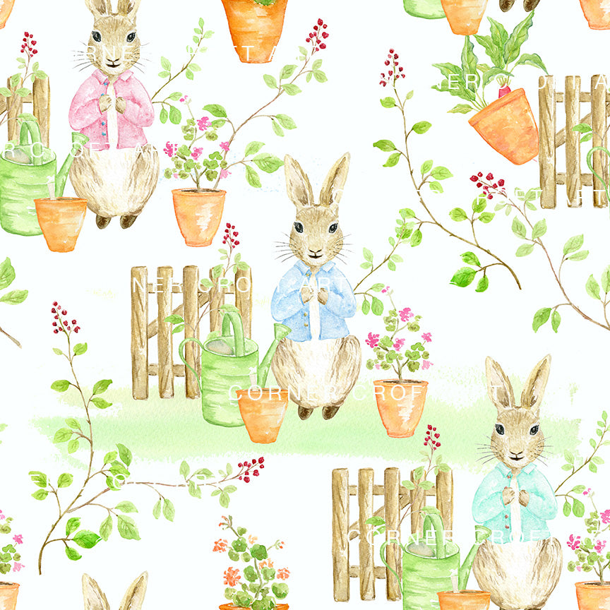 Watercolor Cumbria Rabbit Seamless Pattern Inspired by "The Tale Of Peter Rabbit"