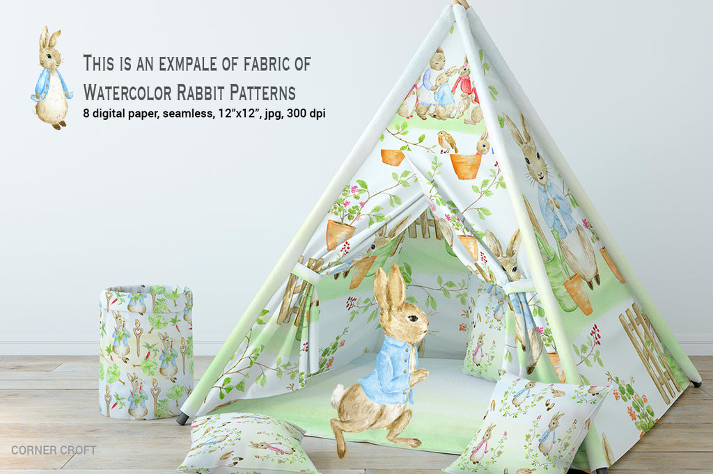 Watercolor rabbit seamless pattern inspired by Beatrix Potter's "The Tale of Peter Rabbit"