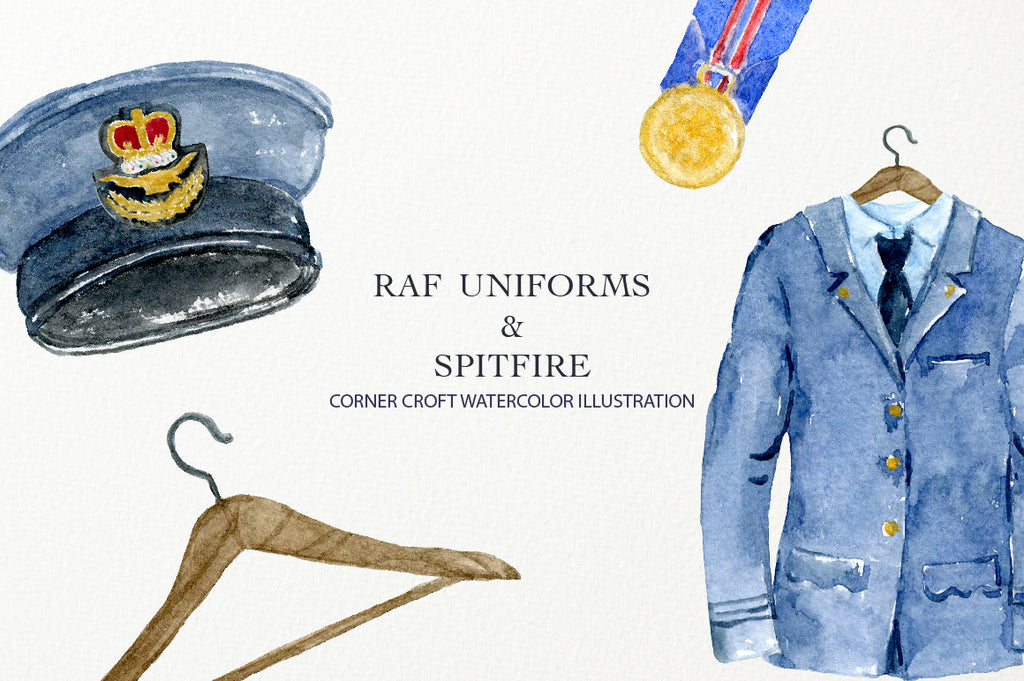 watercolor RAF uniform, men's jacket, women's jacket, spitfire fighter plane, instant download 