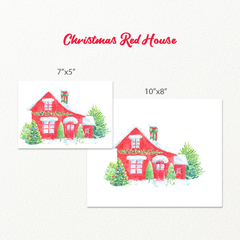 Watercolor Christmas house, red house in snow, my family print