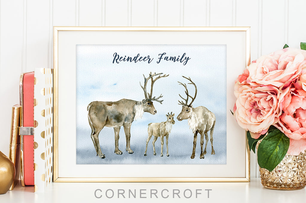watercolor christmas illustration, reindeer clipart, mum, dad and calf