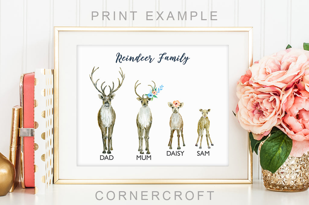 watercolor reindeer illustration, personalised print of reindeer family 