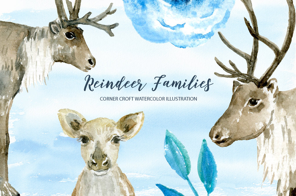 watercolor reindeer family for instant download