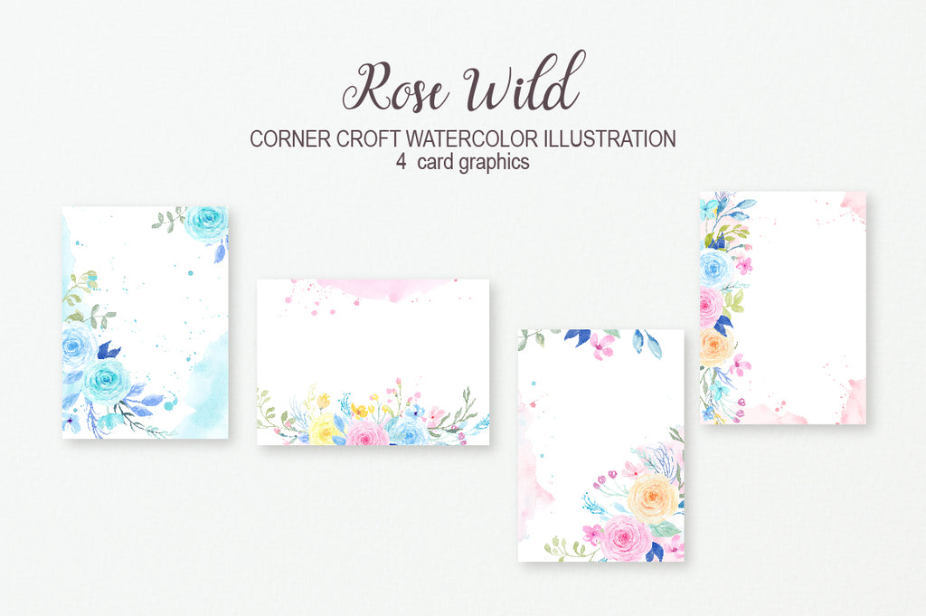 watercolor wedding invitation graphics, pink flower, blue flower, blank card graphics