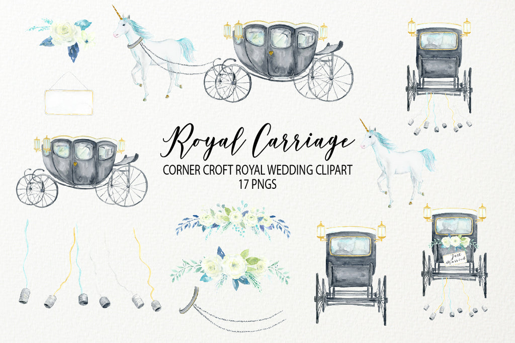 watercolor clipart royal carriage, British royal family carriage, black wedding carriage, white unicorn clipart