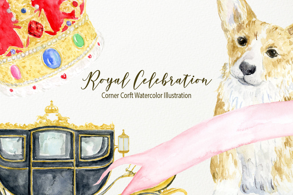Royal family pet corgi, pet portrait, watercolor royal celebration,