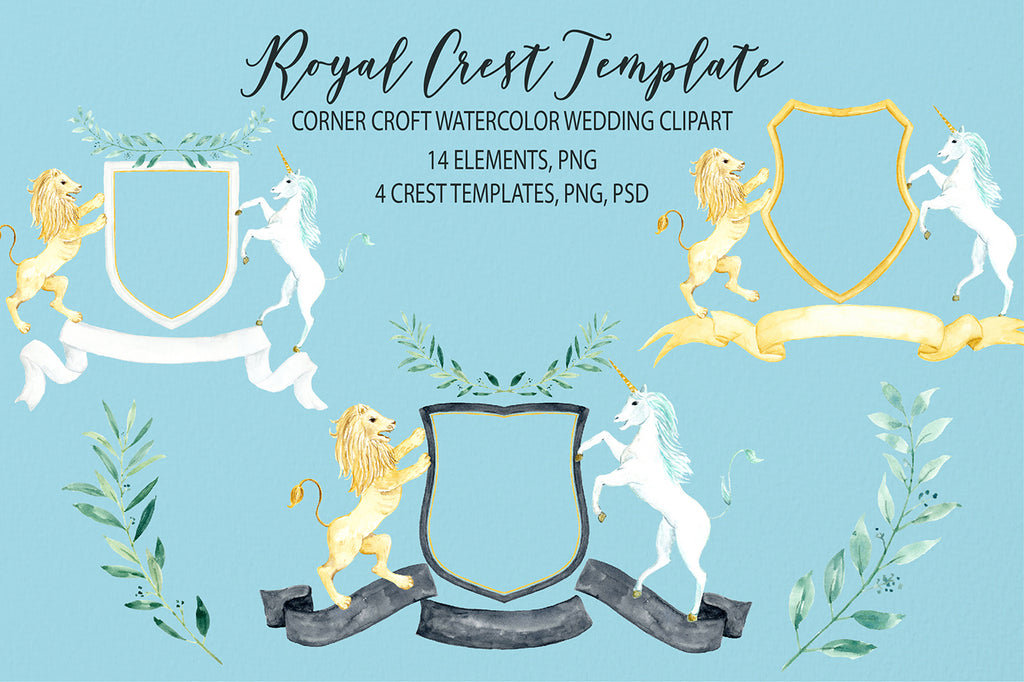 Watercolor royal crest clipart, crest template, lion and unicorn crest, wedding crest, coat of arms, instant download