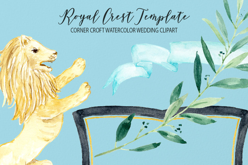 Watercolor royal crest clipart, crest template, lion and unicorn crest, wedding crest, coat of arms, instant download