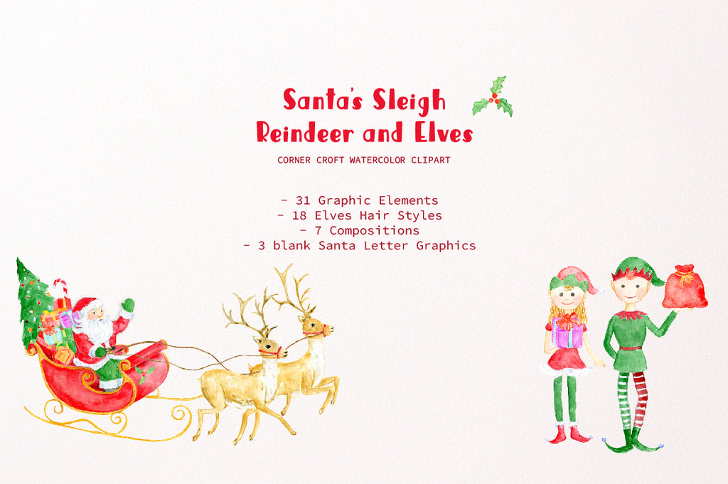 watercolor illustration Santa's sleigh, reindeer and elves, digital download