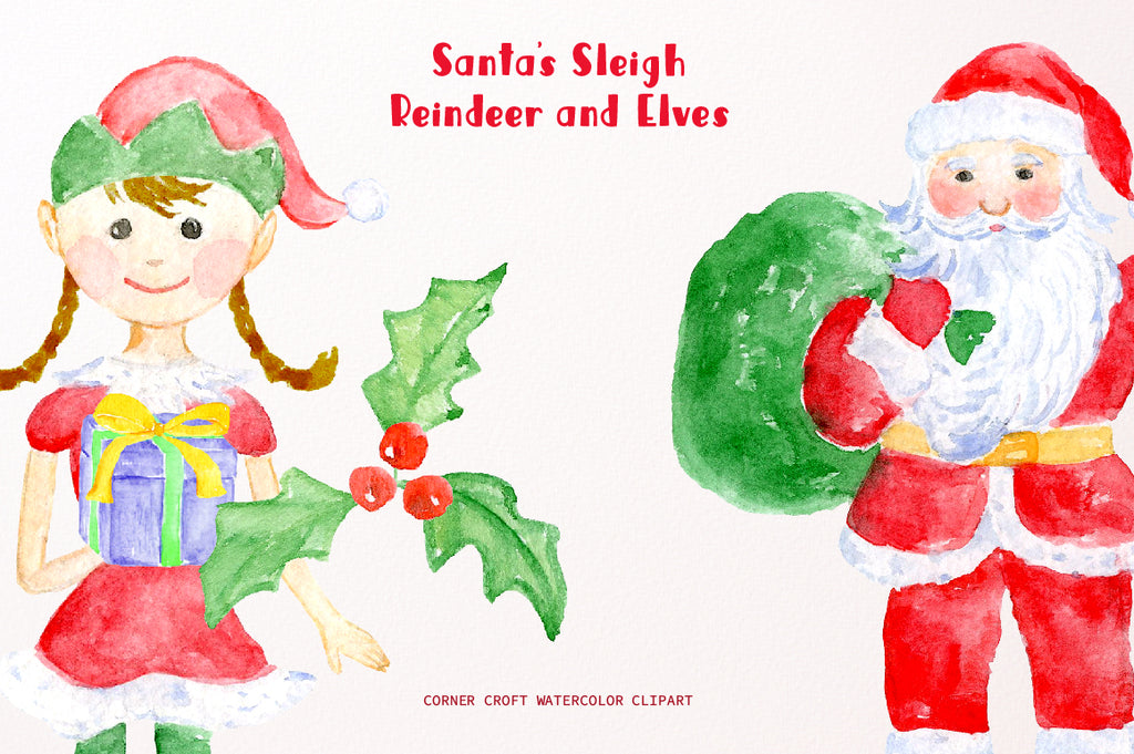Watercolor clipart Santa's sleigh, reindeer and elves