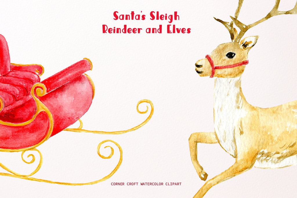 Watercolor clipart Santa's sleigh, reindeer and elves
