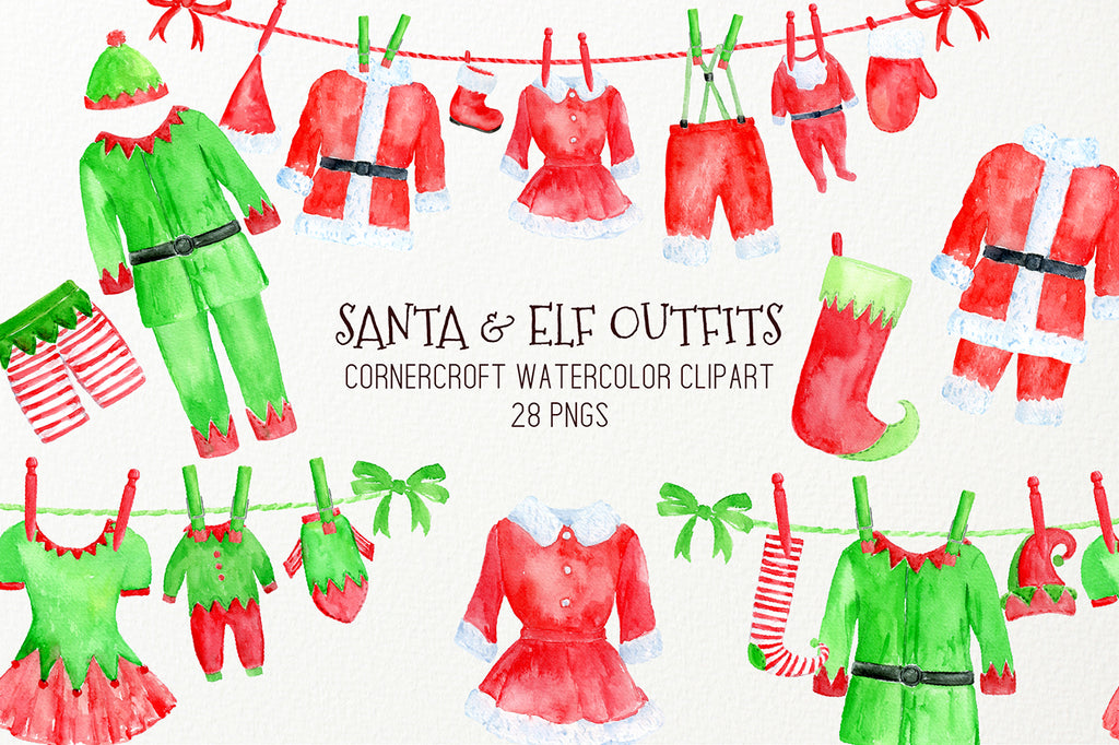 watercolor Santa outfit, elf outfit on washing line, Christmas clipart