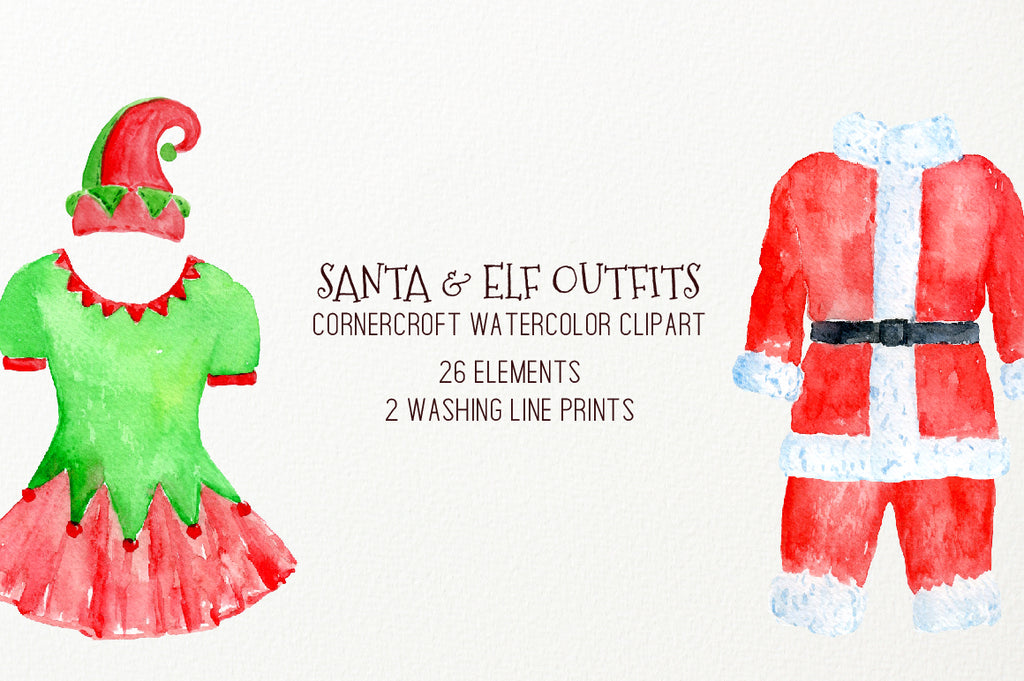 watercolor clipart Christmas clothing, elf stocking, elf hat, underwear, fashion clipart