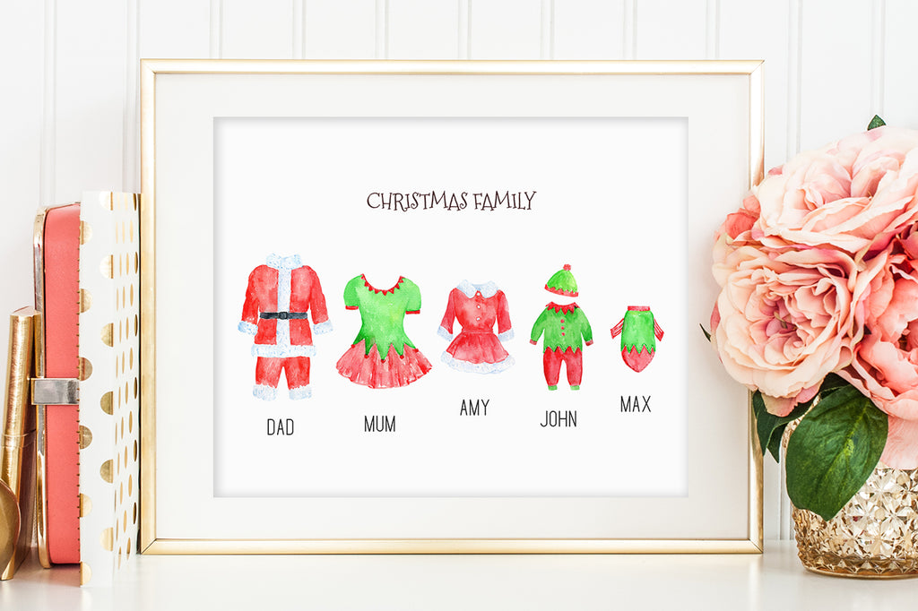 personalised print creator, Christmas print, Santa Claus outfit illustration, red dress, red hat, stocking