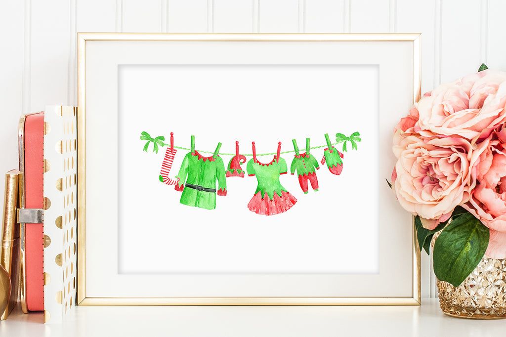 watercolor Christmas clipart, Santa Claus outfit clipart, elf outfit on washing line, 