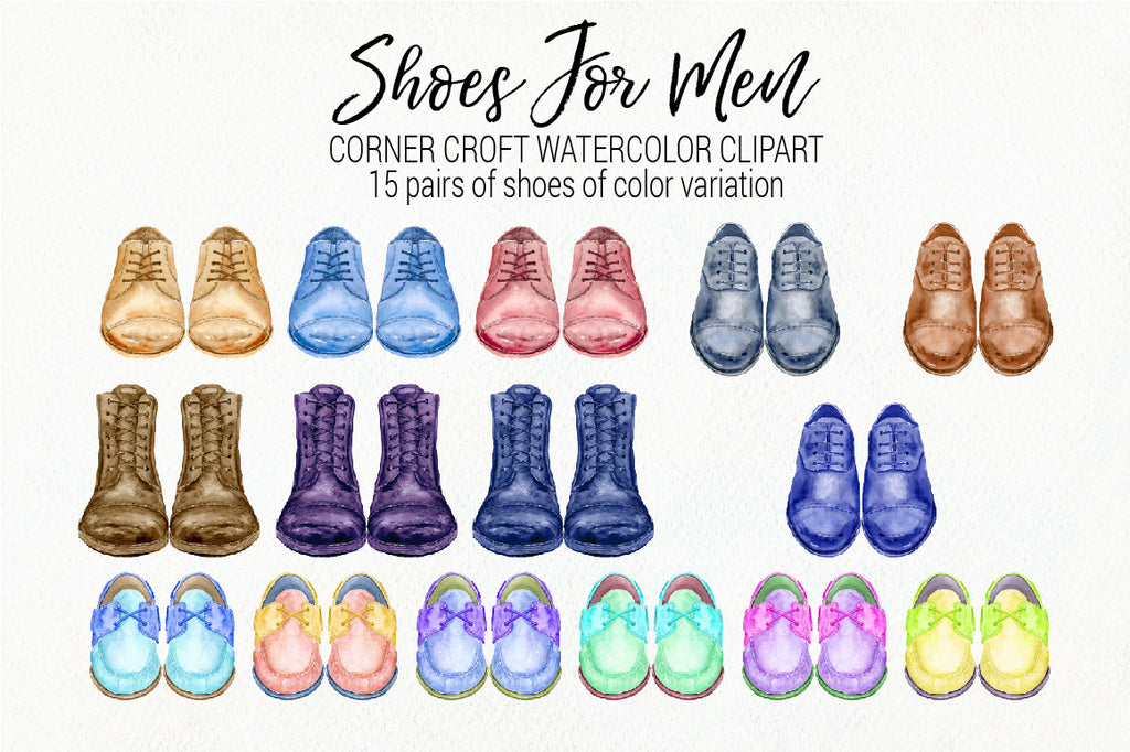 detailed mens shoes illustration in variety of colours, black shoes, grey shoes, blue shoes, digital files