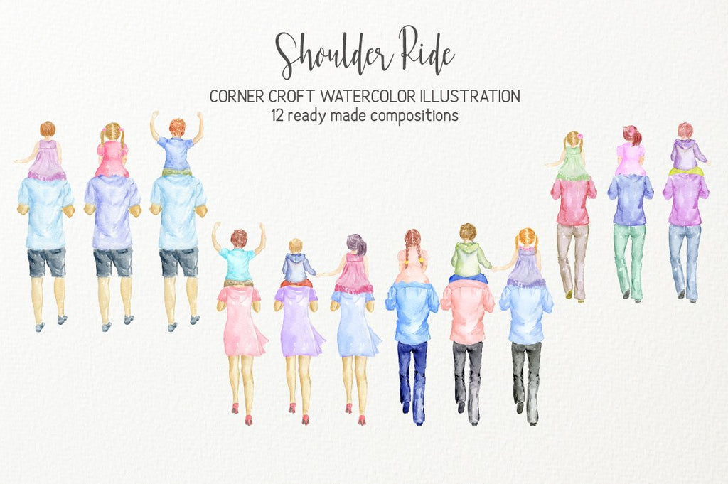 Watercolor clipart shoulder ride, child rides on parent's shoulder, create personalised print