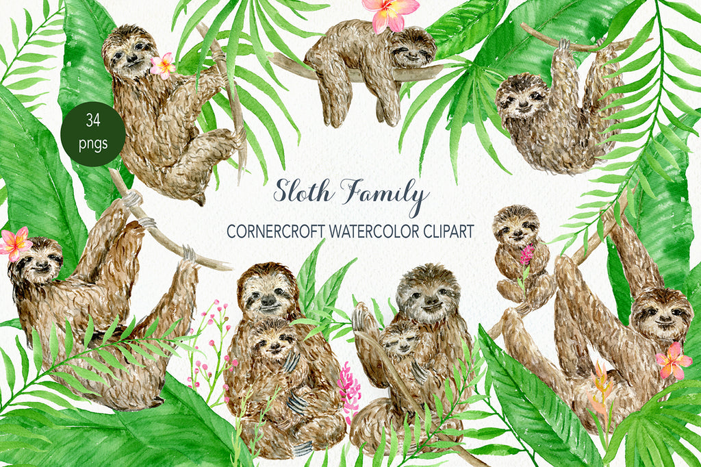 Watercolor sloth clipart for instant download – Corner Croft