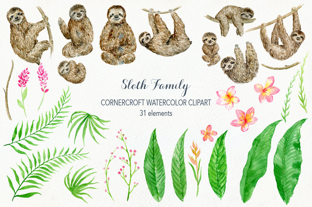 watercolor sloths, mum, baby and youngster, my family print
