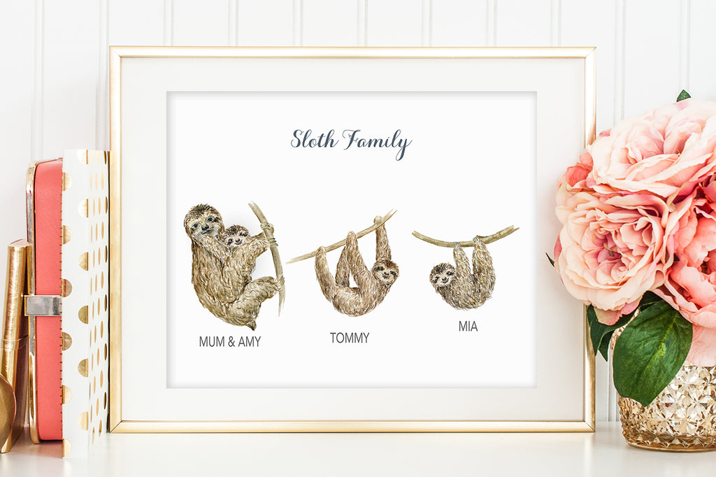 watercolor sloths, mother's day gift, personalised print 