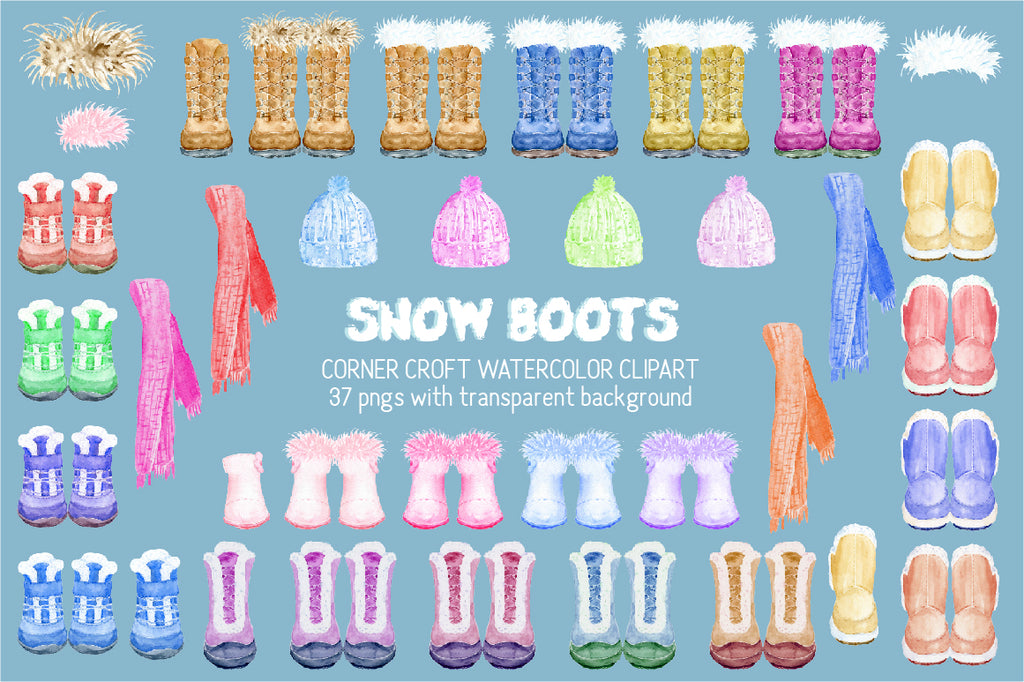 Watercolor snow boots illustration, blue, pink and purple boots illustration