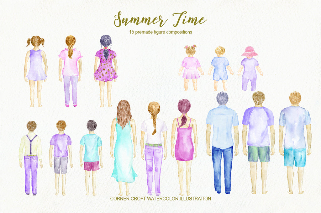 watercolor illustration summer time, people in summer clothes, personalised print creator