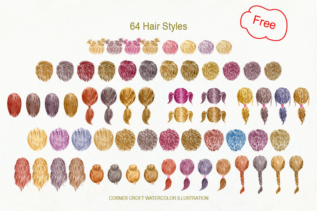 set of hair style, watercolor clipart, free download 
