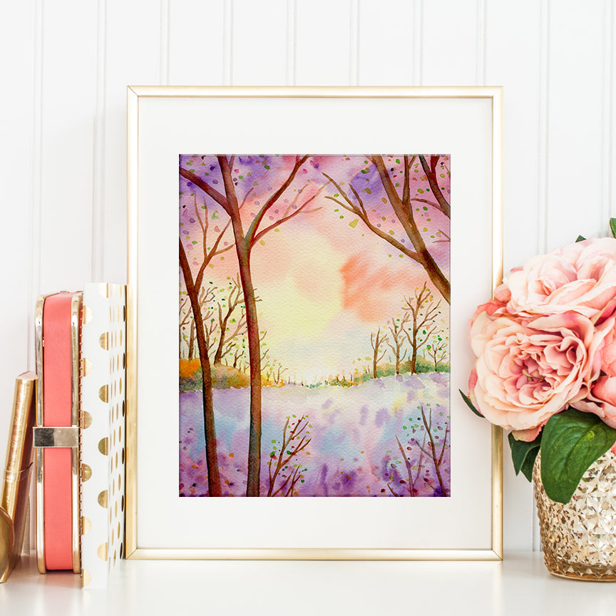 watercolor painting of sunset woodland, pink and purple themed watercolor painting of woodland, instant download 