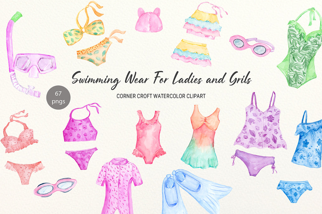 Watercolour clipart swimming suit and bikini for girls and ladies instant download