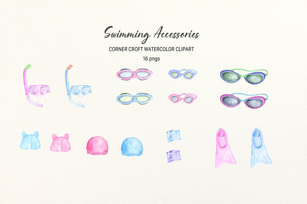 watercolour simming accessories, snorkel, goggles, cap, armband and fin instant download