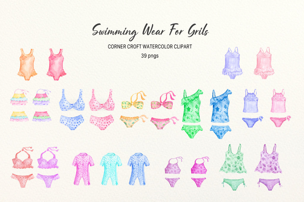 watercolour swimming suits and bikinis in pink, blue, yellow, red and purple