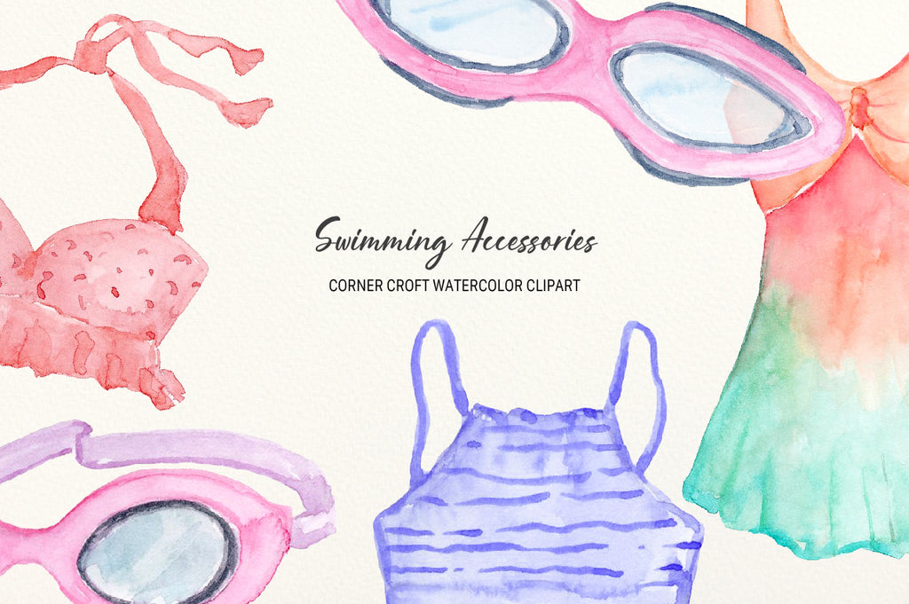 swimming gear clipart, watercolor graphics and swimming suit, wetsuit and bikini