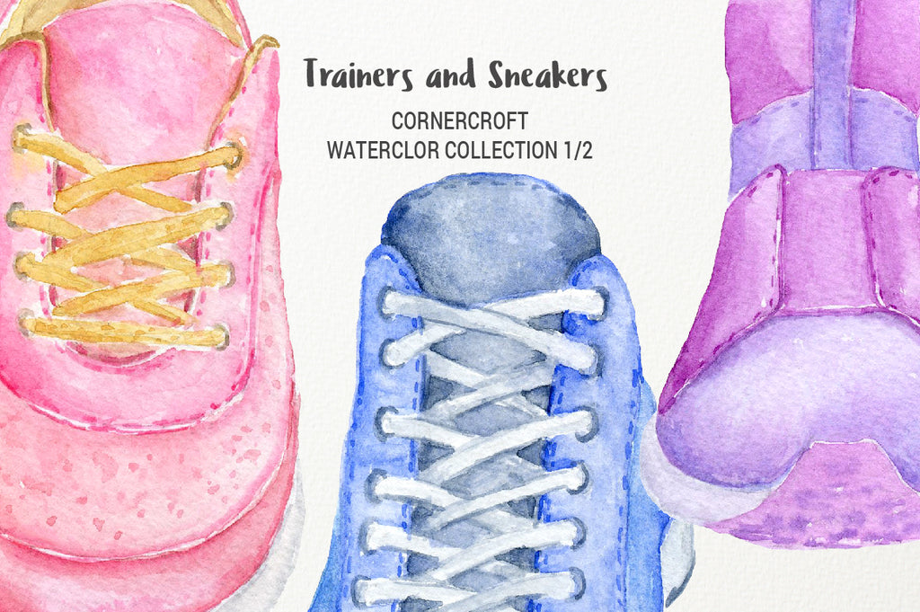 watercolor shoes, watercolor trainer, pink, blue, purple yellow