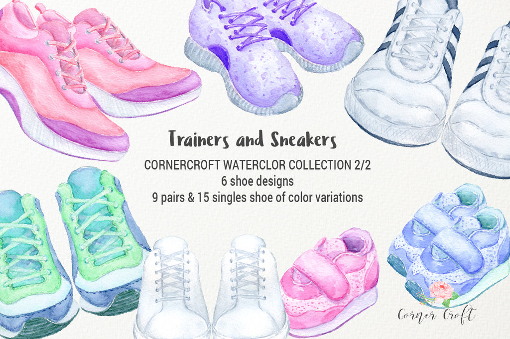 watercolor trainer illustration, sneaker illustration, instant download, pink, blue, purple, yellow shoe